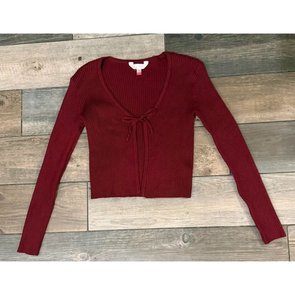 Red Ribbed Tie Front Cardigan Sweater Top